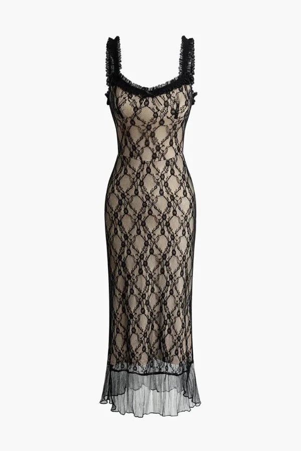 Black Lace Midi Dress for Women – Elegant Bodycon Evening Dress with Ruffle Hem 4