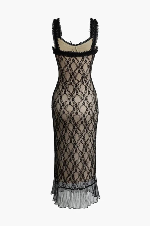 Black Lace Midi Dress for Women – Elegant Bodycon Evening Dress with Ruffle Hem 5