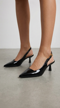 Black Patent Leather Pointed Toe Slingback Kitten Heels Women's Glossy Low Heel Slingback Pumps 0
