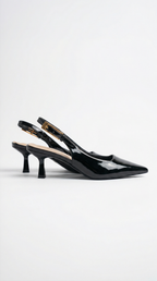 Black Patent Leather Pointed Toe Slingback Kitten Heels Women's Glossy Low Heel Slingback Pumps 2