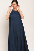 Chic Denim Midi Dress | Women's Dress with Stylish Bib Neckline & Back Tie for Effortless Elegance 2