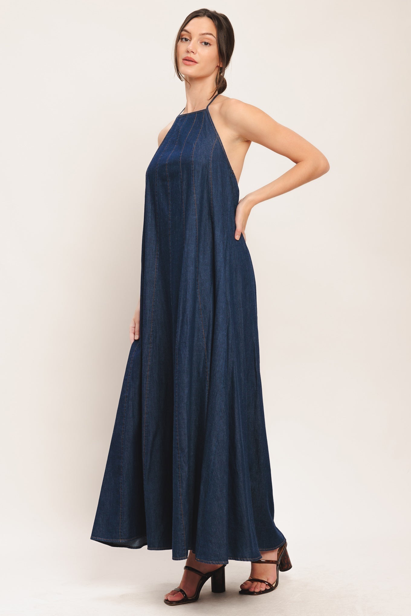 Chic Denim Midi Dress | Women's Dress with Stylish Bib Neckline & Back Tie for Effortless Elegance 4