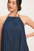 Chic Denim Midi Dress | Women's Dress with Stylish Bib Neckline & Back Tie for Effortless Elegance 5