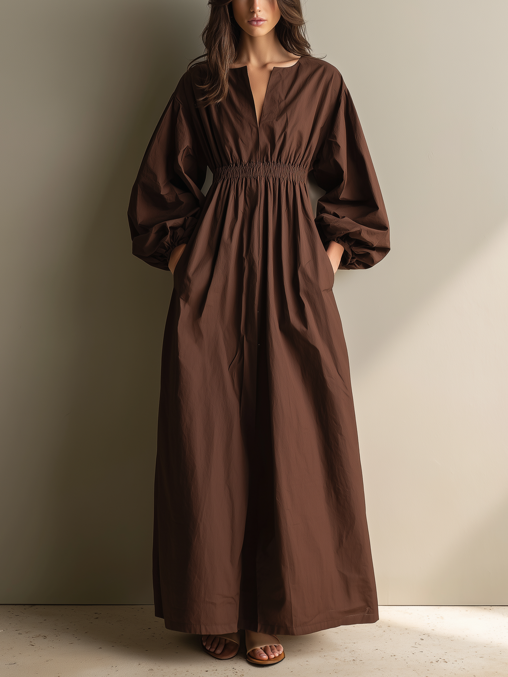 Chocolate Brown Smocked Waist linen Maxi  Dress Women's Balloon Sleeve V-Neck Midi Dress with Pockets 0
