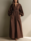 Chocolate Brown Smocked Waist linen Maxi  Dress Women's Balloon Sleeve V-Neck Midi Dress with Pockets 0