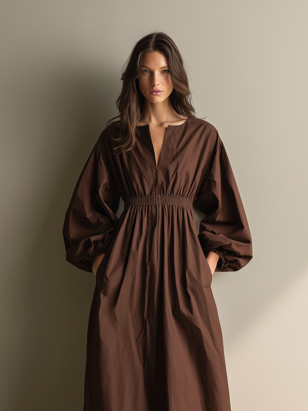 Chocolate Brown Smocked Waist linen Maxi  Dress Women's Balloon Sleeve V-Neck Midi Dress with Pockets 1
