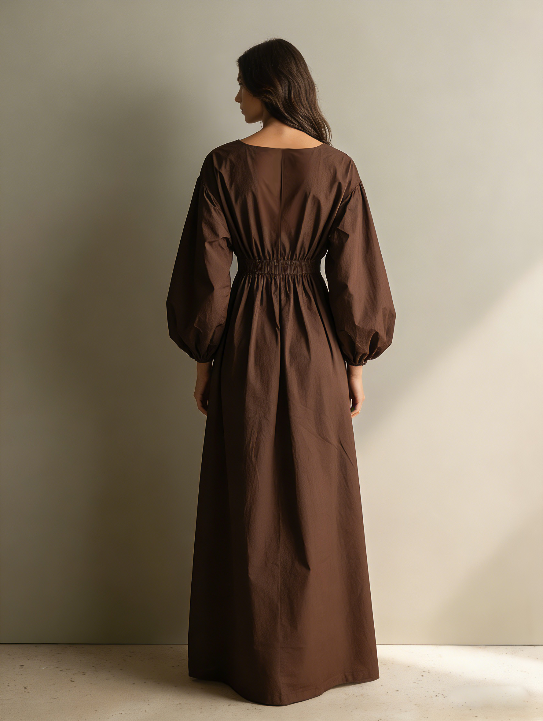 Chocolate Brown Smocked Waist linen Maxi  Dress Women's Balloon Sleeve V-Neck Midi Dress with Pockets 2