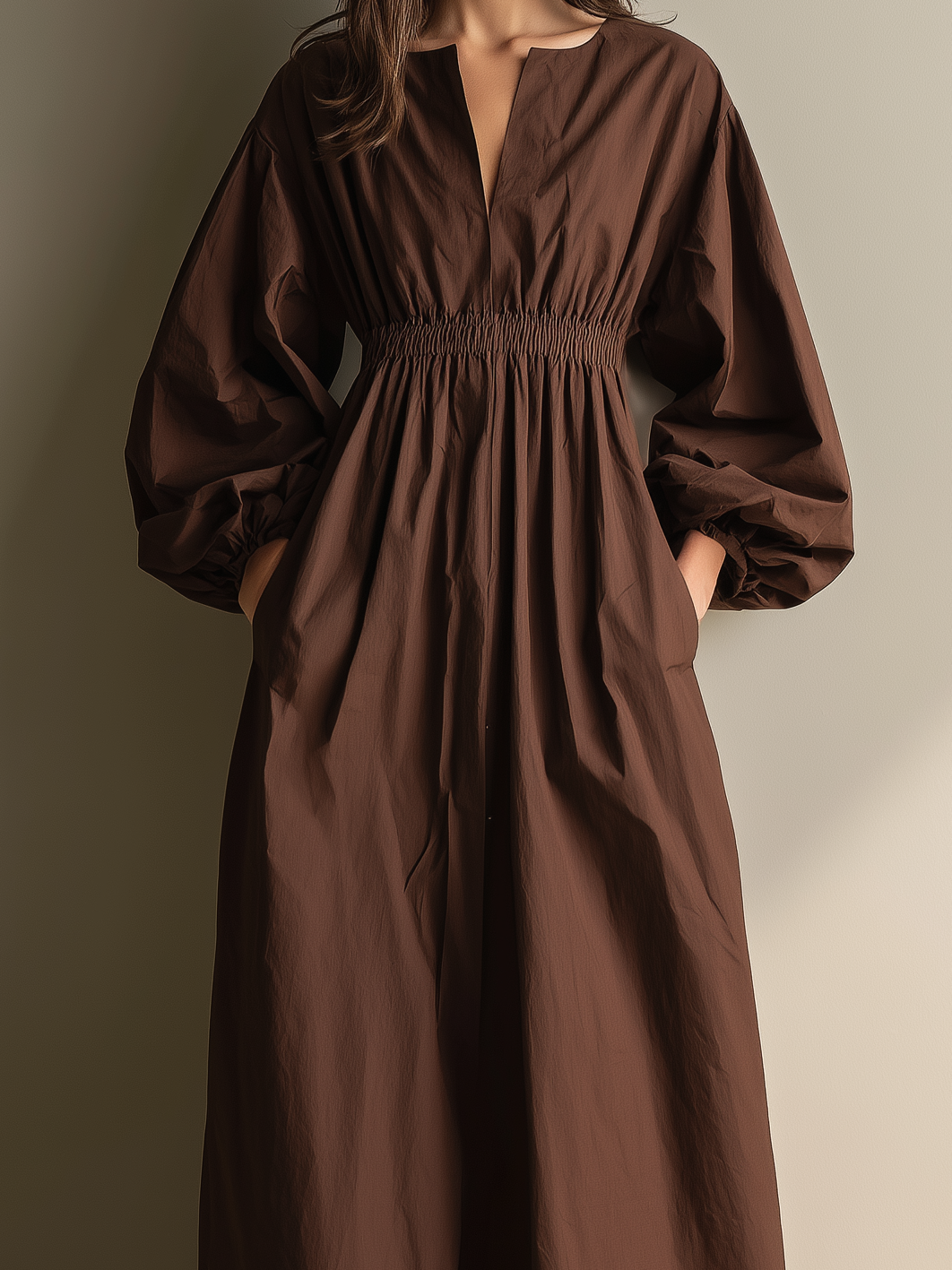 Chocolate Brown Smocked Waist linen Maxi  Dress Women's Balloon Sleeve V-Neck Midi Dress with Pockets 3