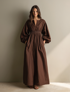 Chocolate Brown Smocked Waist linen Maxi  Dress Women's Balloon Sleeve V-Neck Midi Dress with Pockets 4