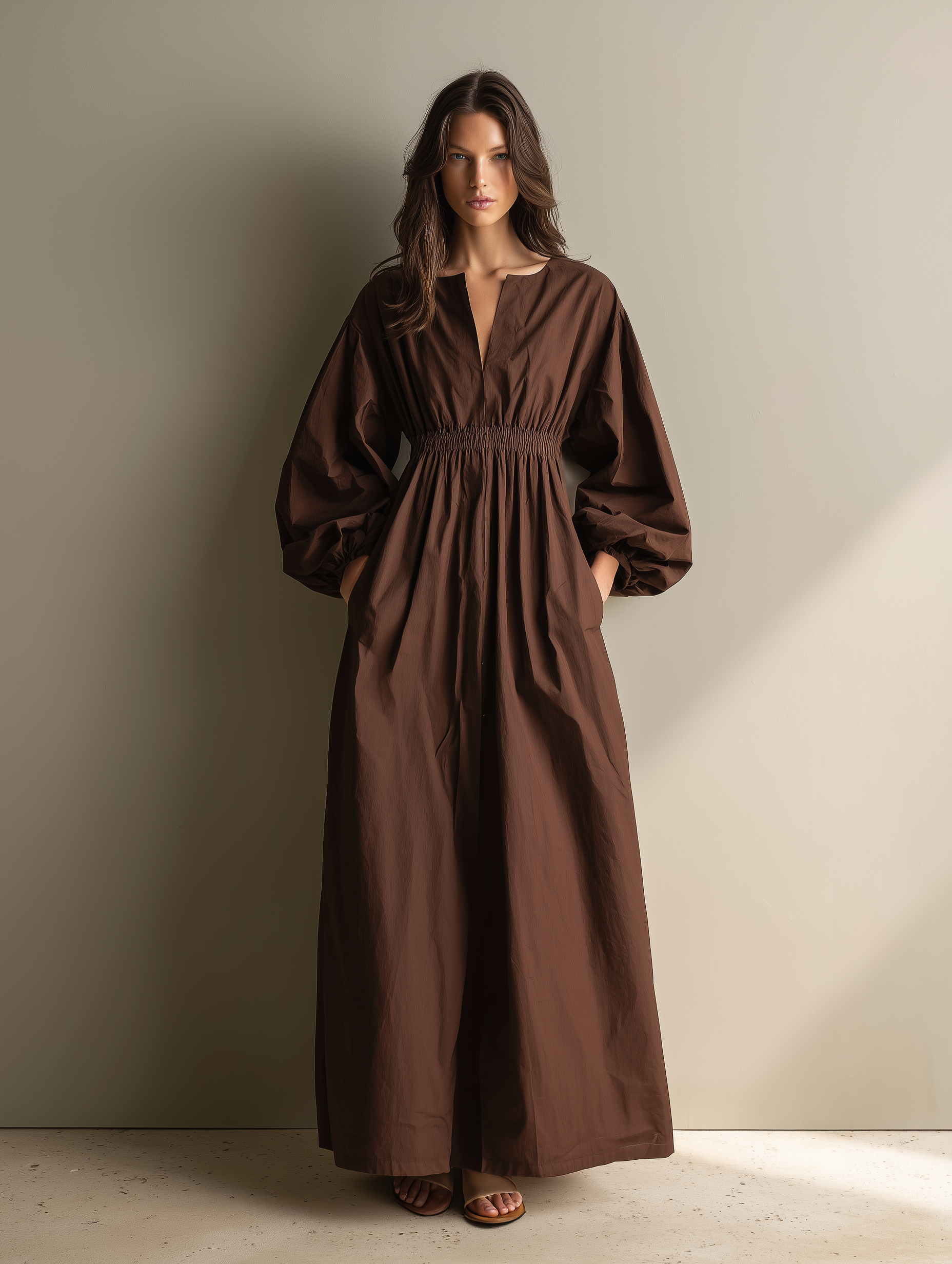 Chocolate Brown Smocked Waist linen Maxi  Dress Women's Balloon Sleeve V-Neck Midi Dress with Pockets 4