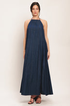 Denim Midi Dress with Stylish Bib Neckline & Back Tie 0