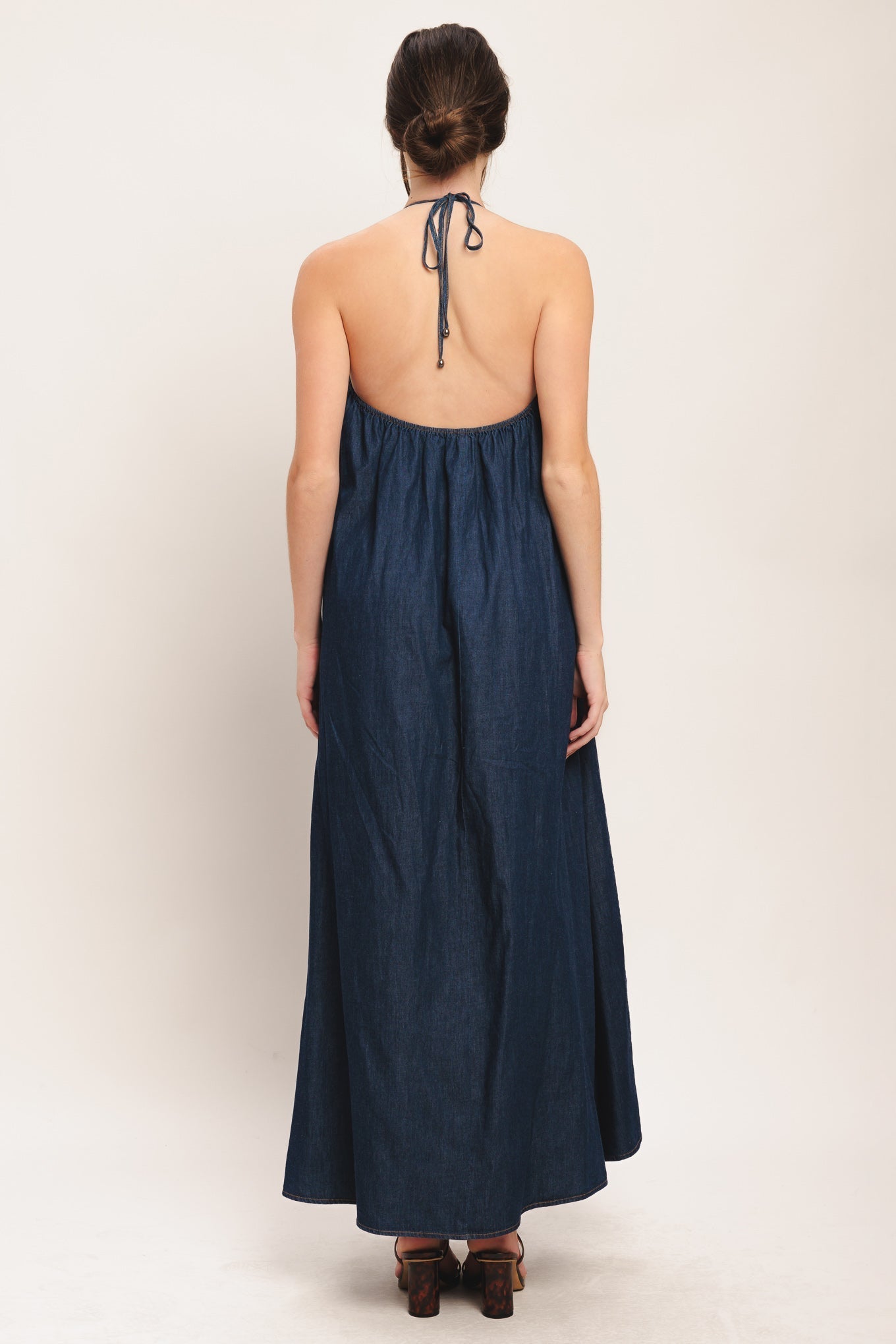 Denim Midi Dress with Stylish Bib Neckline & Back Tie 1