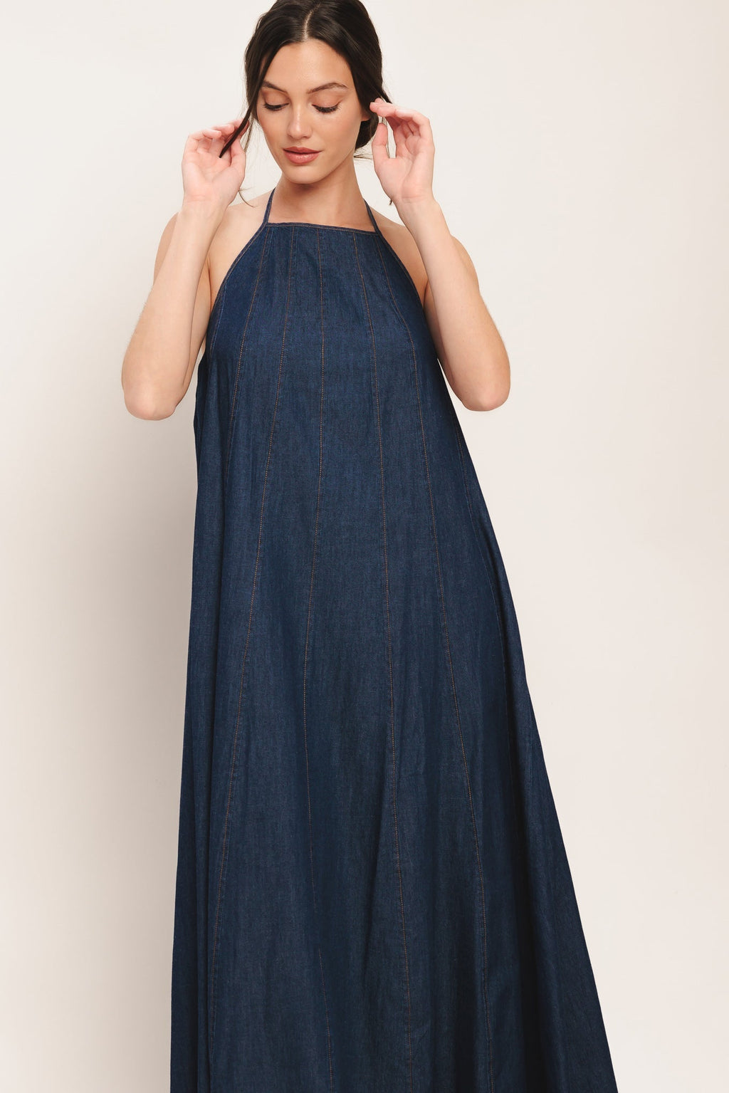 Denim Midi Dress with Stylish Bib Neckline & Back Tie 2