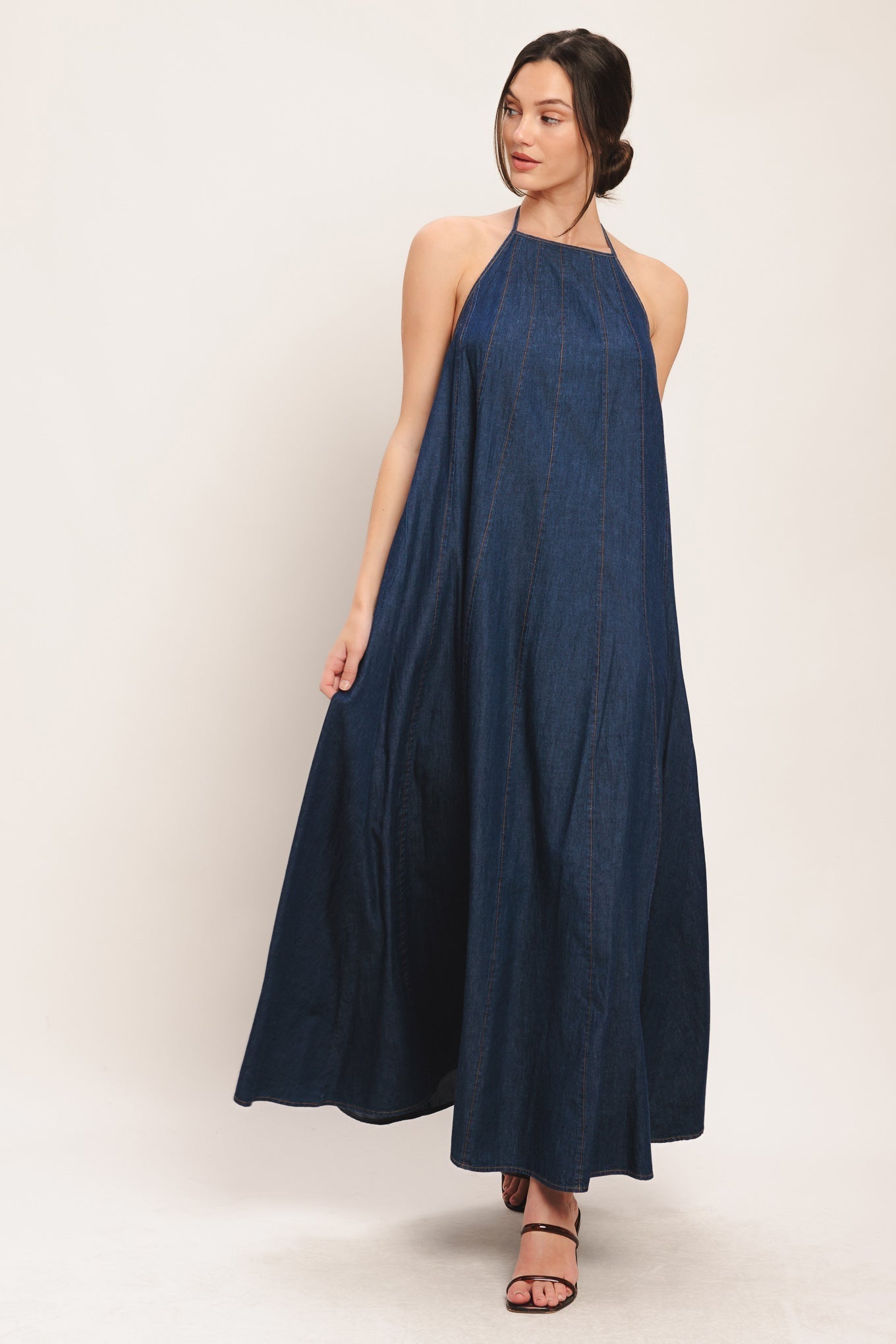 Denim Midi Dress with Stylish Bib Neckline & Back Tie 3