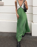 Design: Elegant V-neck with dynamic color pairing  Women’s V-Neck Colorblock Dress – Elegant Modern Casual & Evening Midi Dress 0