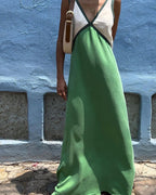 Design: Elegant V-neck with dynamic color pairing  Women’s V-Neck Colorblock Dress – Elegant Modern Casual & Evening Midi Dress 2