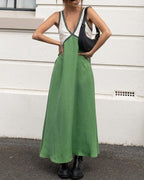 Design: Elegant V-neck with dynamic color pairing  Women’s V-Neck Colorblock Dress – Elegant Modern Casual & Evening Midi Dress 3