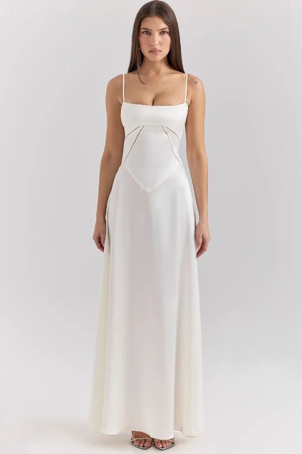 Elegant Satin Maxi Dress White Long Dress with Lace-Up Back for Timeless Sophistication 0