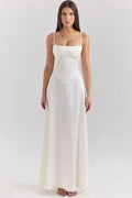 Elegant Satin Maxi Dress White Long Dress with Lace-Up Back for Timeless Sophistication 0