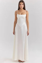 Elegant Satin Maxi Dress White Long Dress with Lace-Up Back for Timeless Sophistication 0
