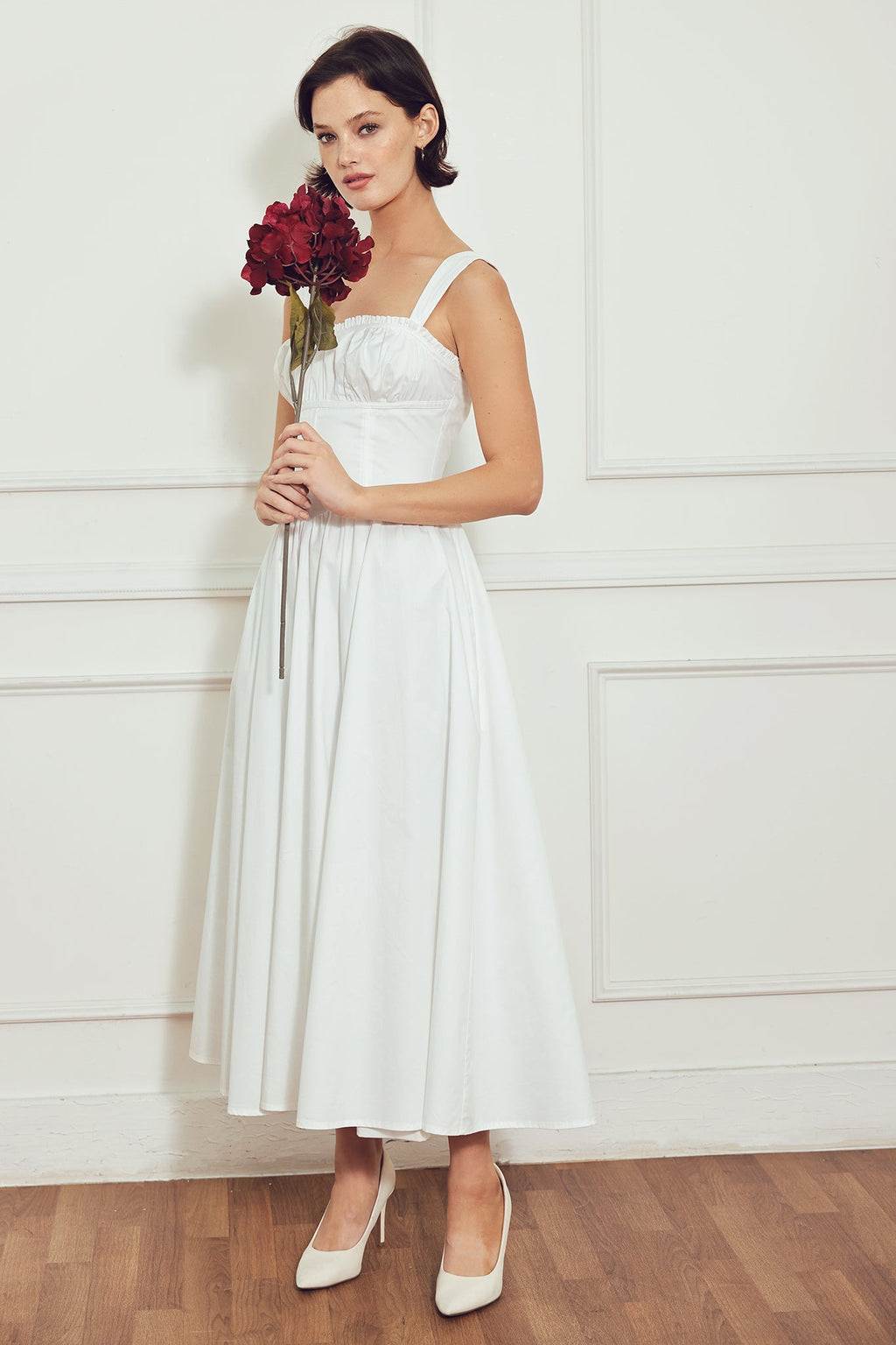 Elegant White Midi Dress with Corset Waist 2