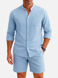 Linen Blend Mandarin Collar Long Sleeve Button-Up Shirt with Chest Pocket in Sky Blue 0