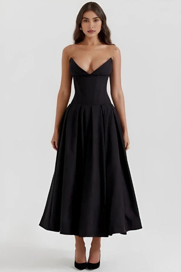 Women's Black Strapless Corset Bodice Fit-and-Flare Dress Sweetheart Neck Party & Night Out 1