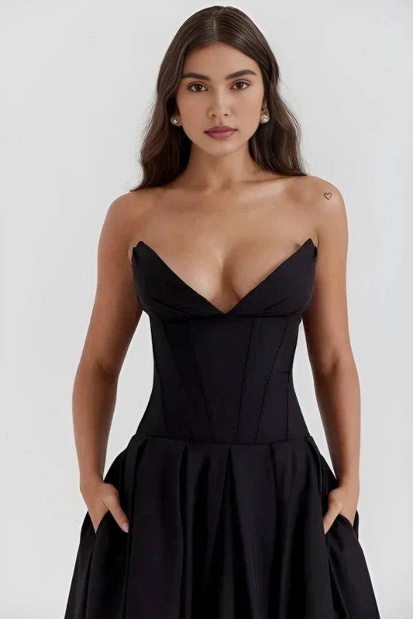 Women's Black Strapless Corset Bodice Fit-and-Flare Dress Sweetheart Neck Party & Night Out 3