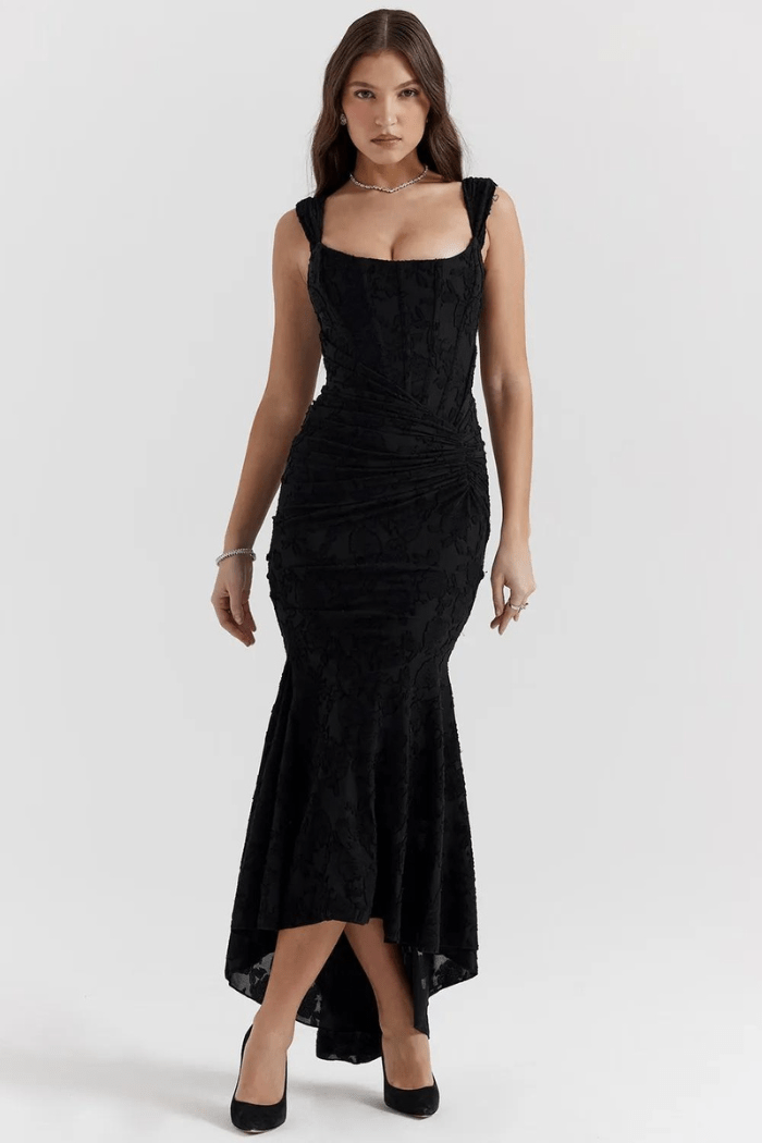 Women's Black Textured Bodycon Trumpet Dress  Square Neck, Flared Hem 1