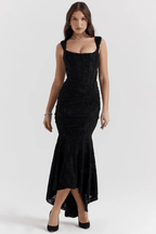 Women's Black Textured Bodycon Trumpet Dress  Square Neck, Flared Hem 1