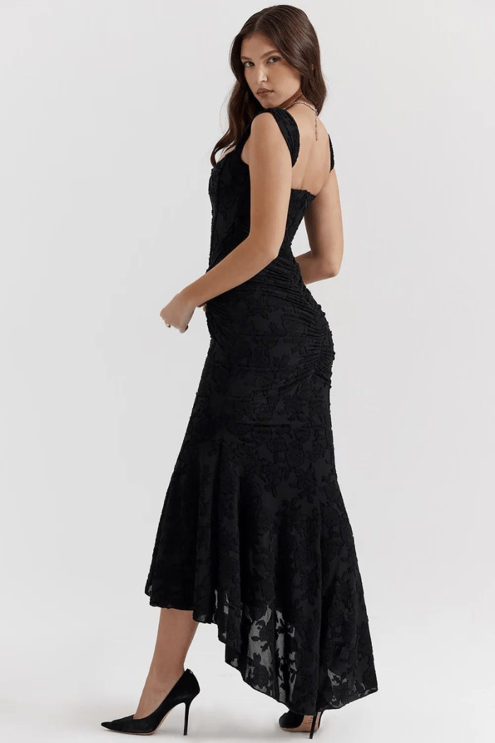 Women's Black Textured Bodycon Trumpet Dress  Square Neck, Flared Hem 3