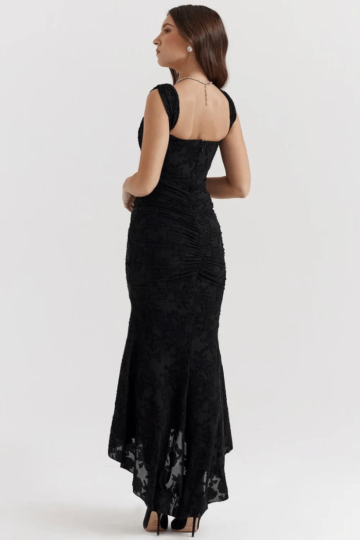 Women's Black Textured Bodycon Trumpet Dress  Square Neck, Flared Hem 5