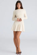 Women's Cream Long Sleeve Pleated Mini Dress Fit and Flare Boat Neck Flowy Skater Dress 0