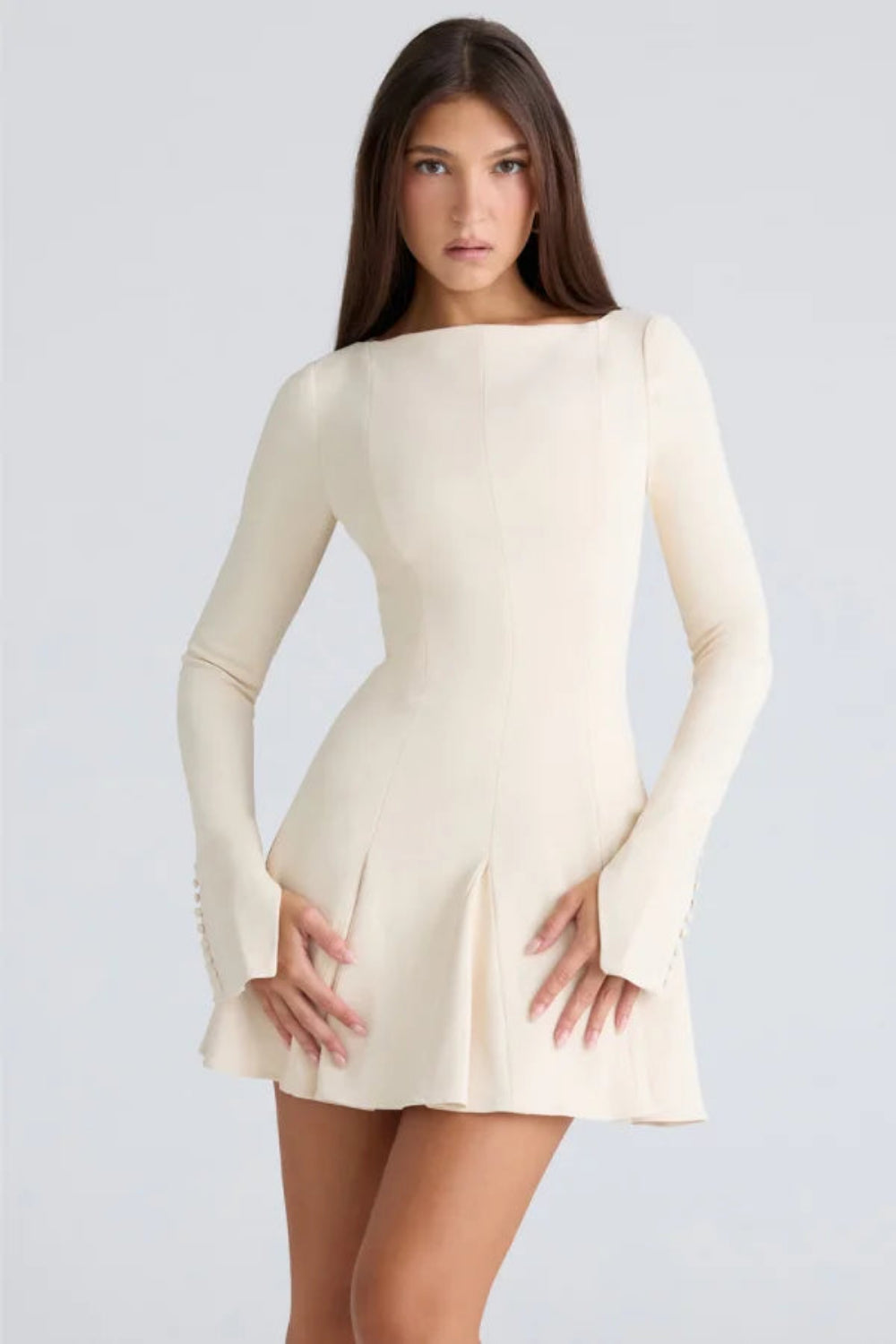 Women's Cream Long Sleeve Pleated Mini Dress Fit and Flare Boat Neck Flowy Skater Dress 1