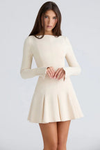 Women's Cream Long Sleeve Pleated Mini Dress Fit and Flare Boat Neck Flowy Skater Dress 2