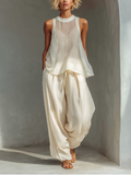 Women’s Cream Two-Piece Set – Semi-Sheer Chiffon Sleeveless Top & Cotton-Linen Blend Drawstring Wide-Leg Trousers 0
