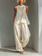 Women’s Cream Two-Piece Set – Semi-Sheer Chiffon Sleeveless Top & Cotton-Linen Blend Drawstring Wide-Leg Trousers 0