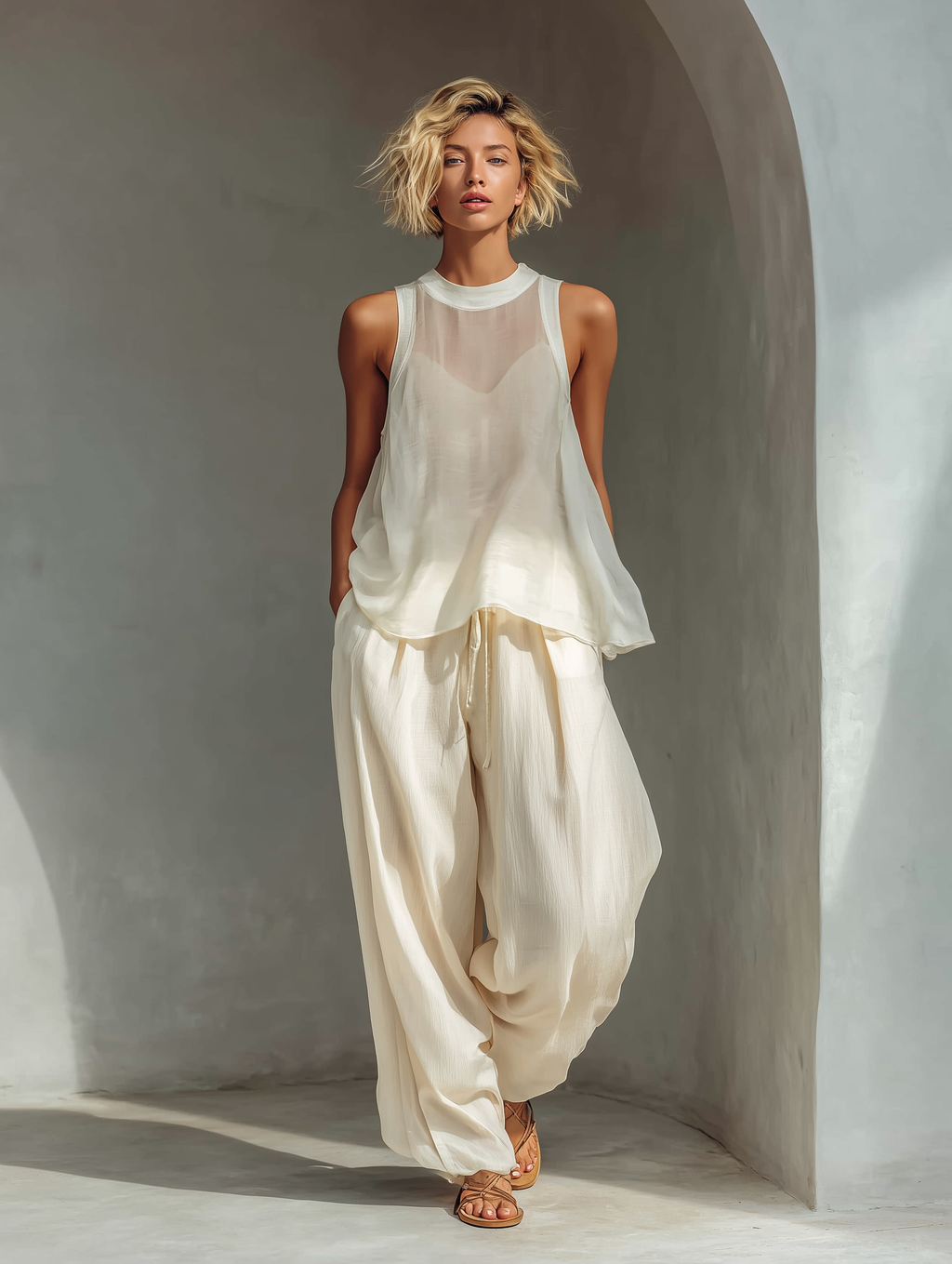 Women’s Cream Two-Piece Set – Semi-Sheer Chiffon Sleeveless Top & Cotton-Linen Blend Drawstring Wide-Leg Trousers 1