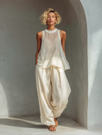 Women’s Cream Two-Piece Set – Semi-Sheer Chiffon Sleeveless Top & Cotton-Linen Blend Drawstring Wide-Leg Trousers 1