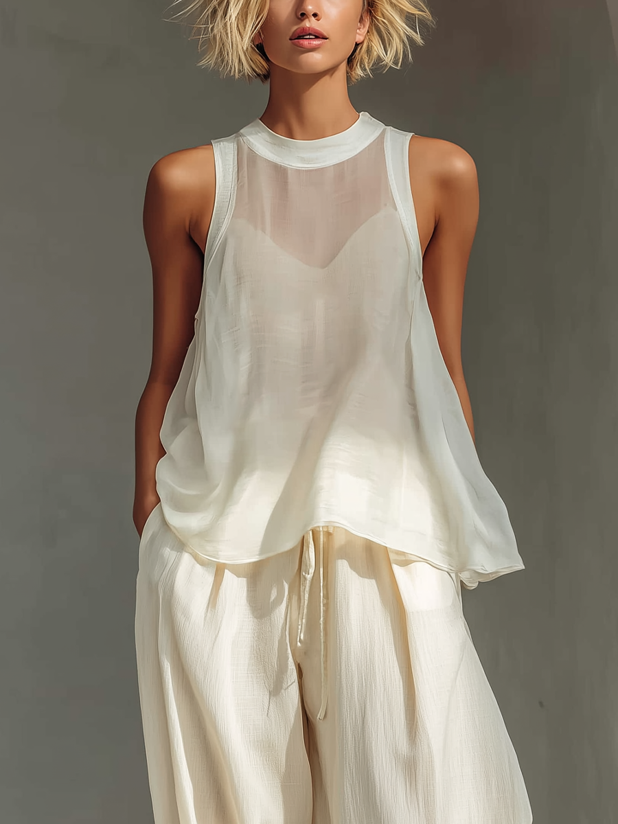 Women’s Cream Two-Piece Set – Semi-Sheer Chiffon Sleeveless Top & Cotton-Linen Blend Drawstring Wide-Leg Trousers 2