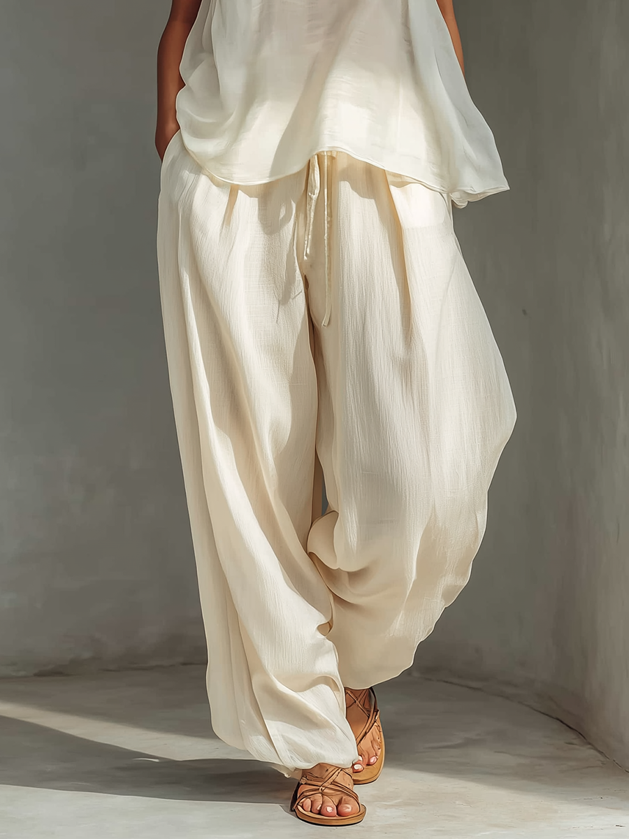 Women’s Cream Two-Piece Set – Semi-Sheer Chiffon Sleeveless Top & Cotton-Linen Blend Drawstring Wide-Leg Trousers 3