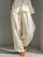 Women’s Cream Two-Piece Set – Semi-Sheer Chiffon Sleeveless Top & Cotton-Linen Blend Drawstring Wide-Leg Trousers 3