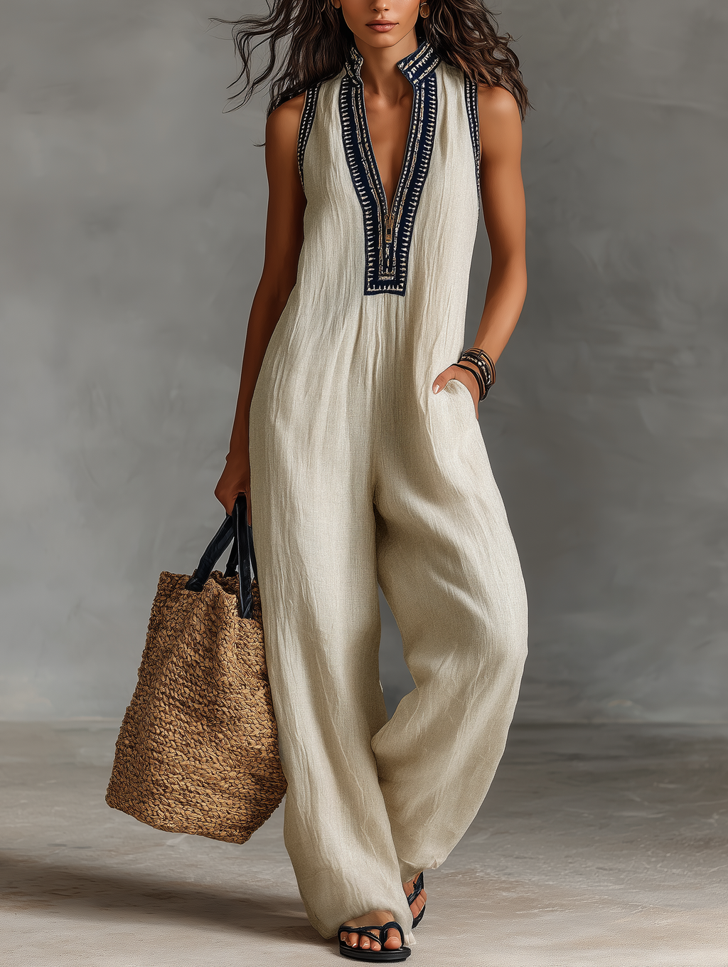 Women’s Minimalist Linen Blend Embroidered Jumpsuit – Sleeveless Stand Collar Zip-Front One-Piece Outfit 0