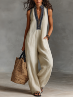 Women’s Minimalist Linen Blend Embroidered Jumpsuit – Sleeveless Stand Collar Zip-Front One-Piece Outfit 0