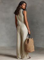 Women’s Minimalist Linen Blend Embroidered Jumpsuit – Sleeveless Stand Collar Zip-Front One-Piece Outfit 1