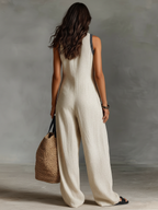 Women’s Minimalist Linen Blend Embroidered Jumpsuit – Sleeveless Stand Collar Zip-Front One-Piece Outfit 2