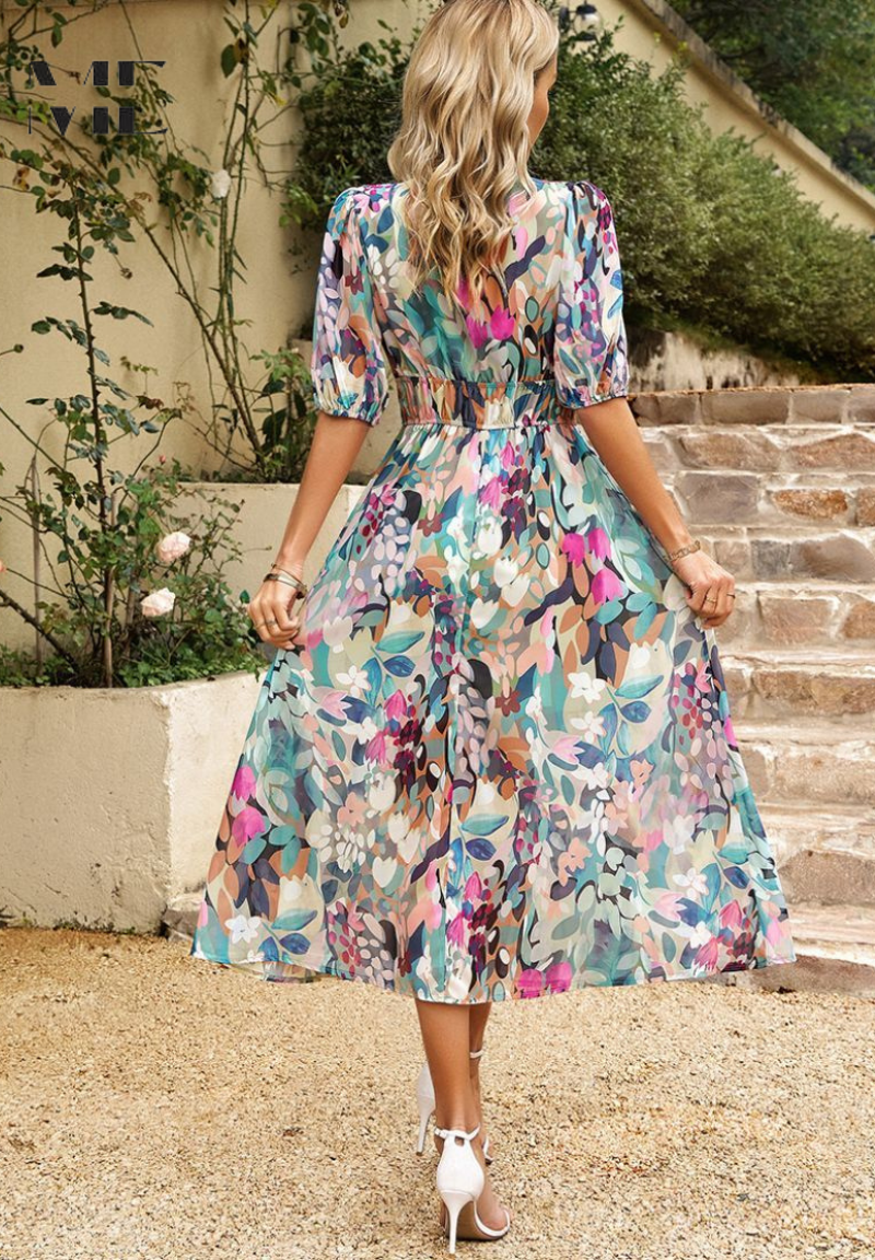 Women's Multicolor Floral Midi Dress Half Puff Sleeve V Neck Flowy Summer Boho Dress 2