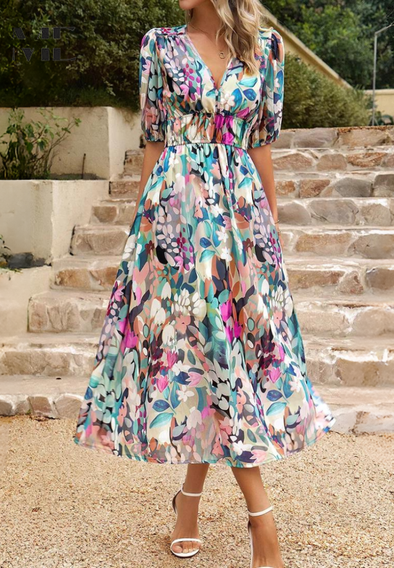 Women's Multicolor Floral Midi Dress Half Puff Sleeve V Neck Flowy Summer Boho Dress 3