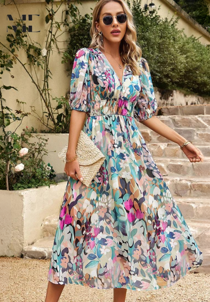 Women's Multicolor Floral Midi Dress Half Puff Sleeve V Neck Flowy Summer Boho Dress 4