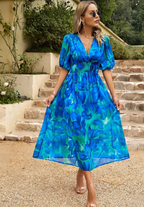 Women's Multicolor Floral Midi Dress Half Puff Sleeve V Neck Flowy Summer Boho Dress 5